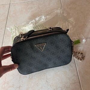 GUESS Black Suede Crossbody with Gold Chain Accents